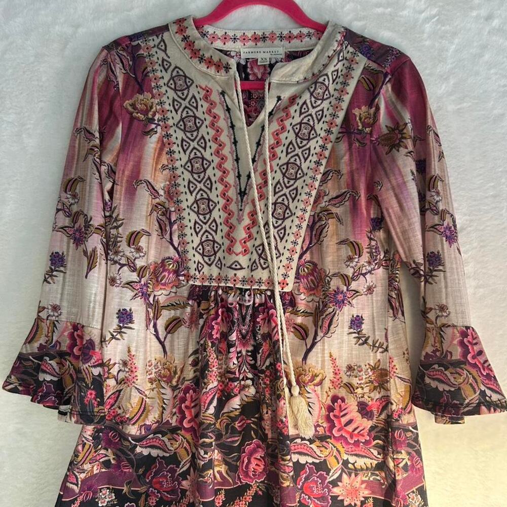 Farmers Market One World Boho Floral Tunic Top Womens XS Pink Velvet Embroidered
